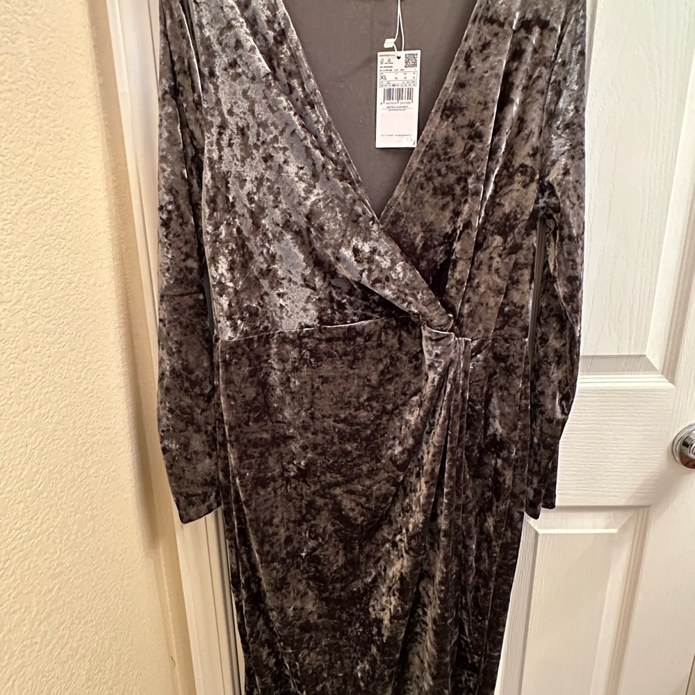 Mango Velvet Wrap Dress in Olive Green - Picture 3 of 6